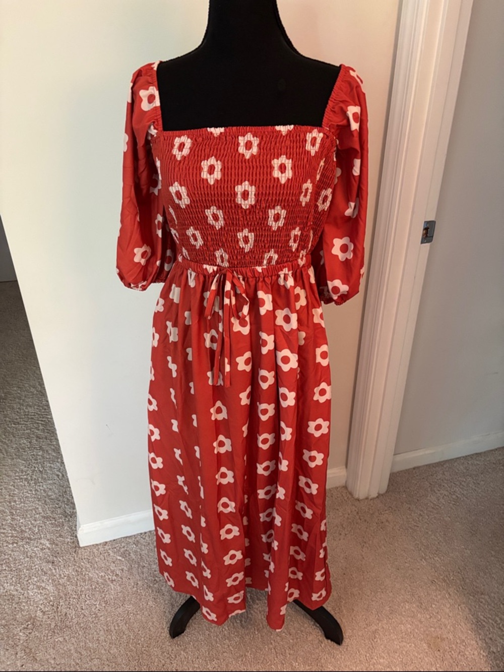 Red Floral Smocked Square-Neck Maxi Dress